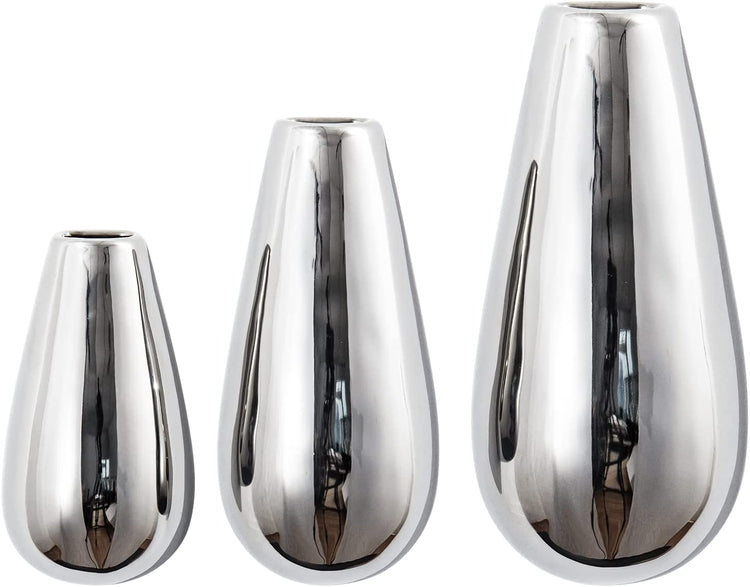 Set of 3, Wall Mounted Flower Vases, Silver Ceramic Oval Teardrop Shaped Plant Holders-MyGift