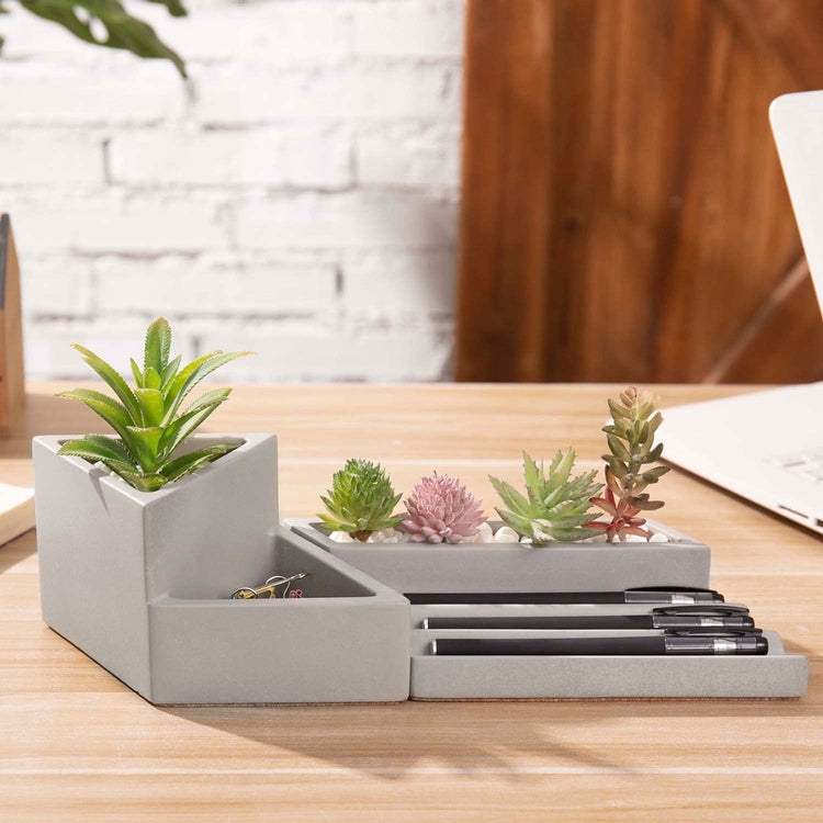 Gray Concrete Stationery Desk Tray, Pen Holder, and Mini Succulent Planter, 2 Piece Set-MyGift