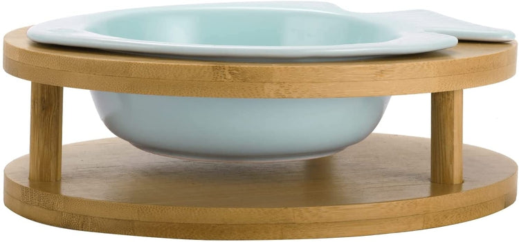 Blue Fish Design Pet Cat Feeder Bowl with Raised Eco-Friendly Natural Bamboo Base-MyGift