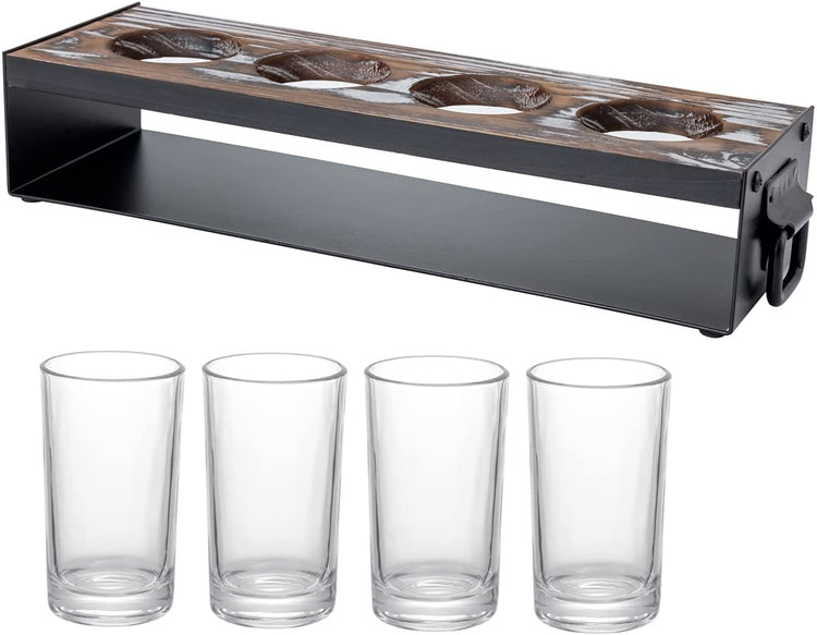 Set of 2, Beer Flight Board with Glasses Serving Caddy in Matte Black Metal and Torched Wood with 4 Beer Tasting Glass-MyGift