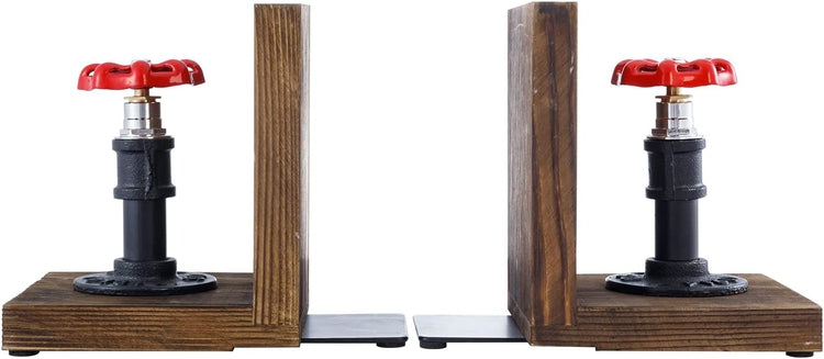 Industrial Decorative Bookends, Valve and Pipe Sculpture with L-Shaped Wood Tabletop Book Holder, 1 Pair-MyGift