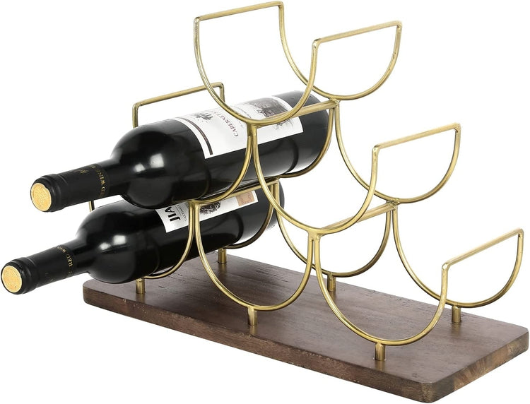 Brass-Tone Metal Wire Wine Rack with Natural Mango Wood Base, 6 Bottle Tabletop Wine Holder Stand-MyGift
