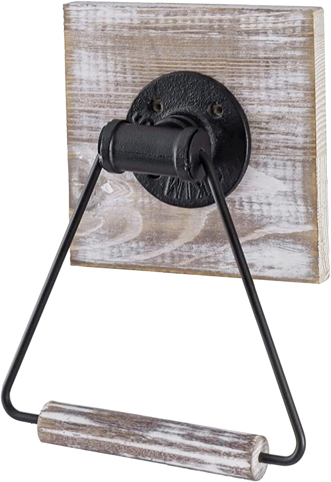 Shabby Whitewashed Wood and Matte Black Metal Triangular Hand Towel Ring for Bathroom-MyGift