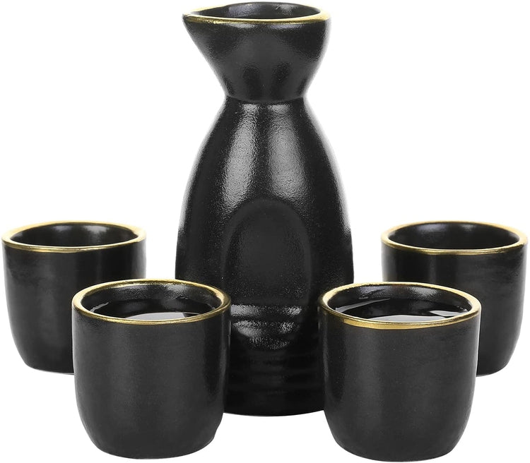 5 pc Japanese Oriental Style Black and Gold Rim Ceramic Sake Set with Serving Carafe Bottle and 4 Shot Cup Glasses-MyGift