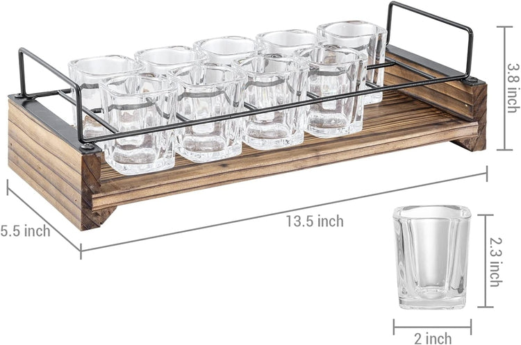 Industrial Black Metal and Rustic Burnt Wood Shot Glasses Server Tray with 10 Shot Glasses-MyGift