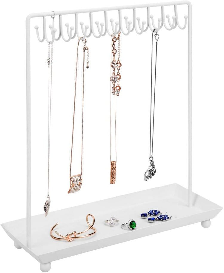 14 Inch 20-Hook White Metal Necklace Display Organizer with Ring Tray, Jewelry Storage Rack-MyGift