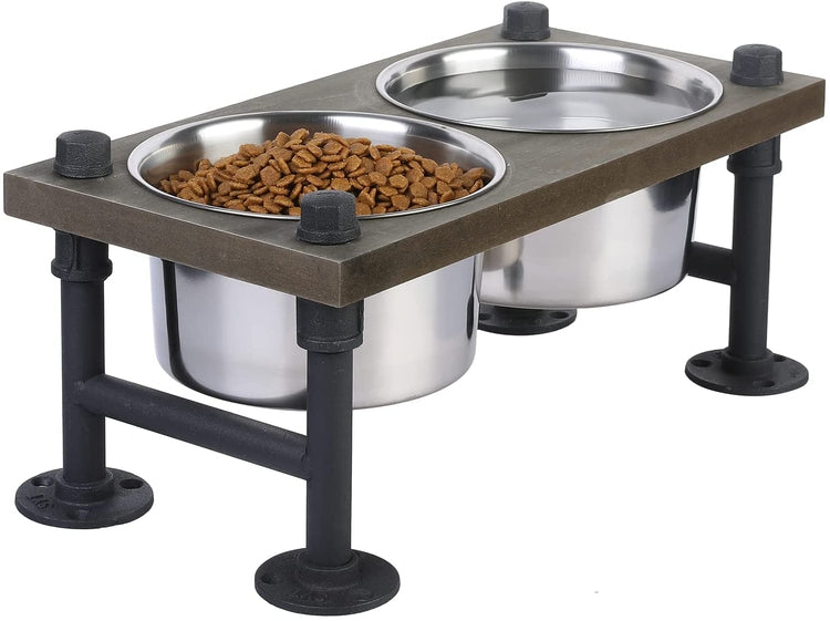 Weathered Gray Wood Raised Dog Bowls for Medium Dogs, Pet Feeder Station with 2 Stainless Steel Bowls-MyGift