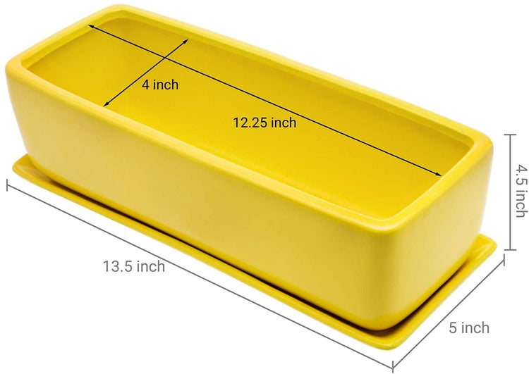14-inch Yellow Rectangular Ceramic Succulent Window Box Planter Pot with Saucer-MyGift