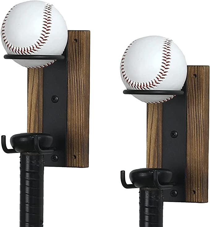 Wall Mounted Burnt Wood & Black Metal Baseball Display Rack with Bat Holder, Set of 2-MyGift