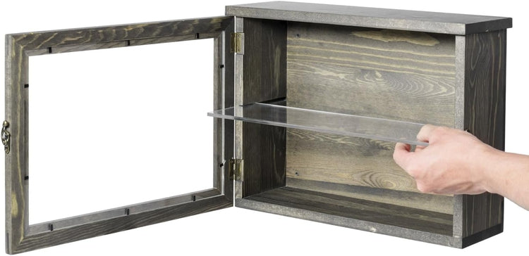 Wall Mounted Gray Wood Display Case, Hanging Shadow Box with Clear Panel on Hinged Door, Metal Latch and Acrylic Shelf-MyGift