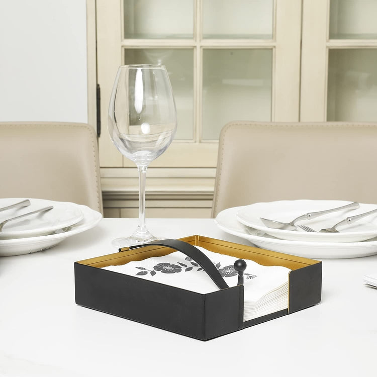 Black Metal Square Tabletop Napkin Holder with Gold Tone Interior and Art Deco Style Weighted Arm-MyGift