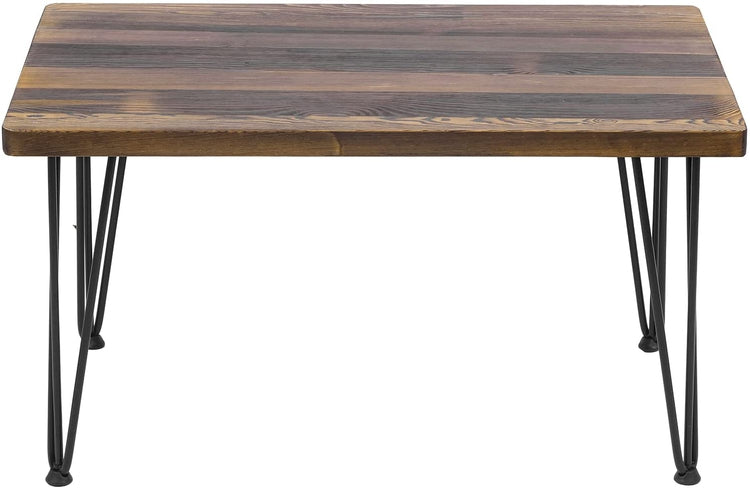 Dark Brown Burnt Wood Rectangular Coffee Table, Side Accent Table with Matte Black Metal Wire Hairpin Legs-MyGift