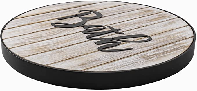 Whitewashed Wood & Black Metal Bathroom Wall Decor Sign with Cursive Bath Lettering-MyGift