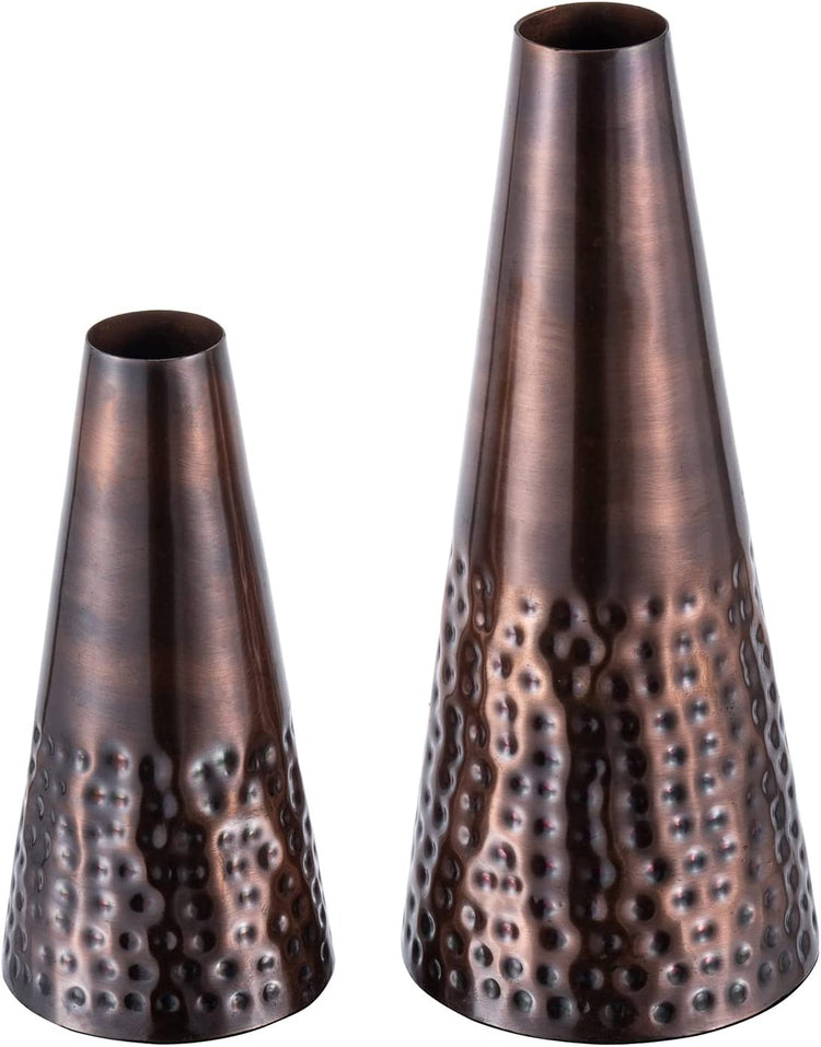 7 and 10.5 Inch Copper Tone Metal Tapered Flower Vases with Hammered Pattern, Handcrafted Vase for Floral Arrangements-MyGift