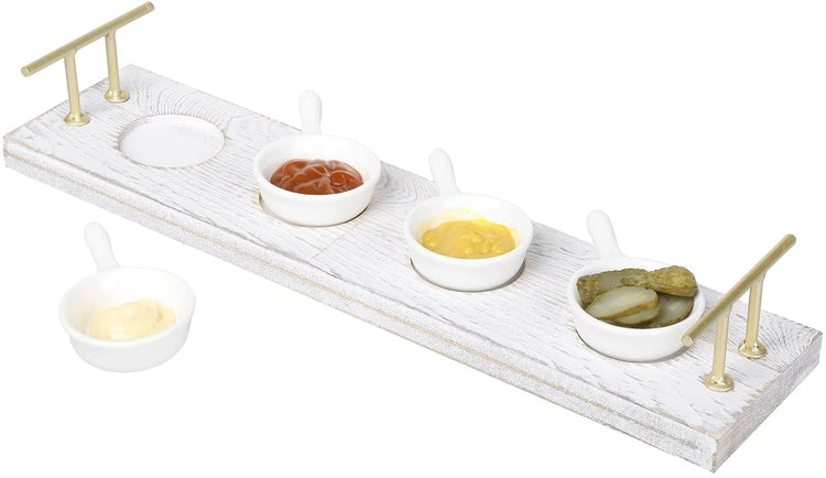 Whitewashed Wood Serving Tray with Brass Tone Handles and 4 Mini White Ceramic Handled Bowls for Dips, Sauces-MyGift