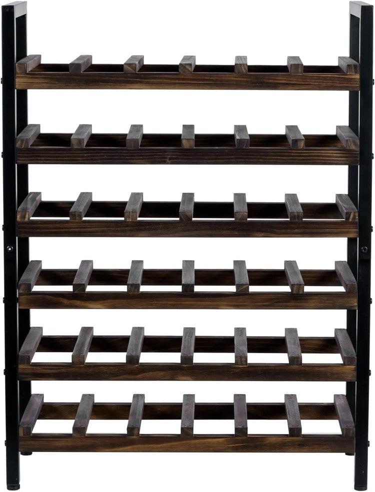 6 Tier Brown Wood and Black Metal Wine Bottle Holder Storage Rack