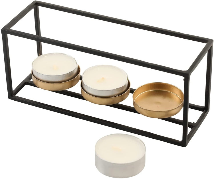 Candle Holder Centerpiece with Black Wire Rectangular Frame and Gold B ...