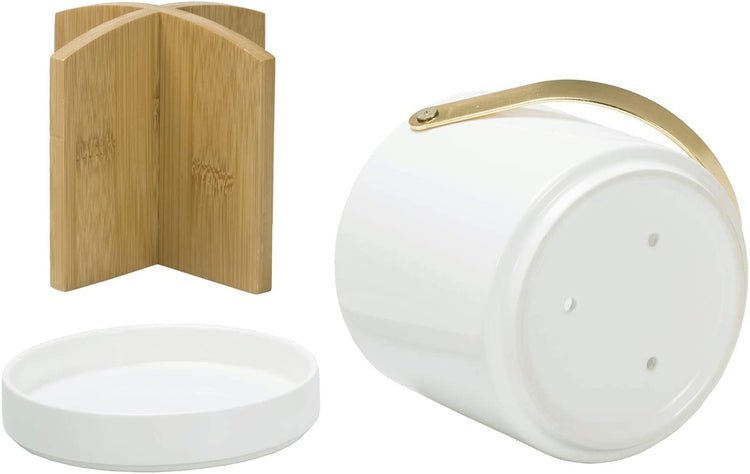 4 Compartment Modern White Ceramic Dining Utensil Caddy with Brass Carrying Handle-MyGift