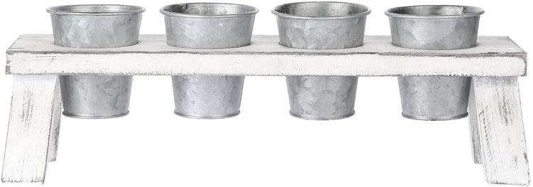 5 Piece Set, Galvanized Metal Indoor Plant Pot with Stand, Mini Planter in Vintage White Wood Bench-Style Display Tray-MyGift