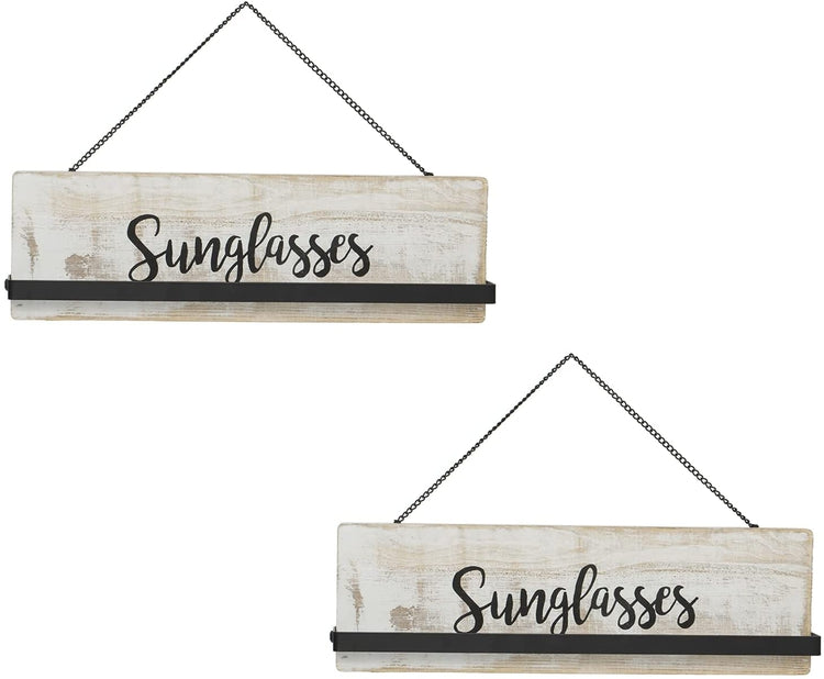 Set of 2, Whitewashed Wood Wall Mounted Sunglasses Holder Eyewear Hanging Display Rack with Cursive Sunglasses Lettering-MyGift