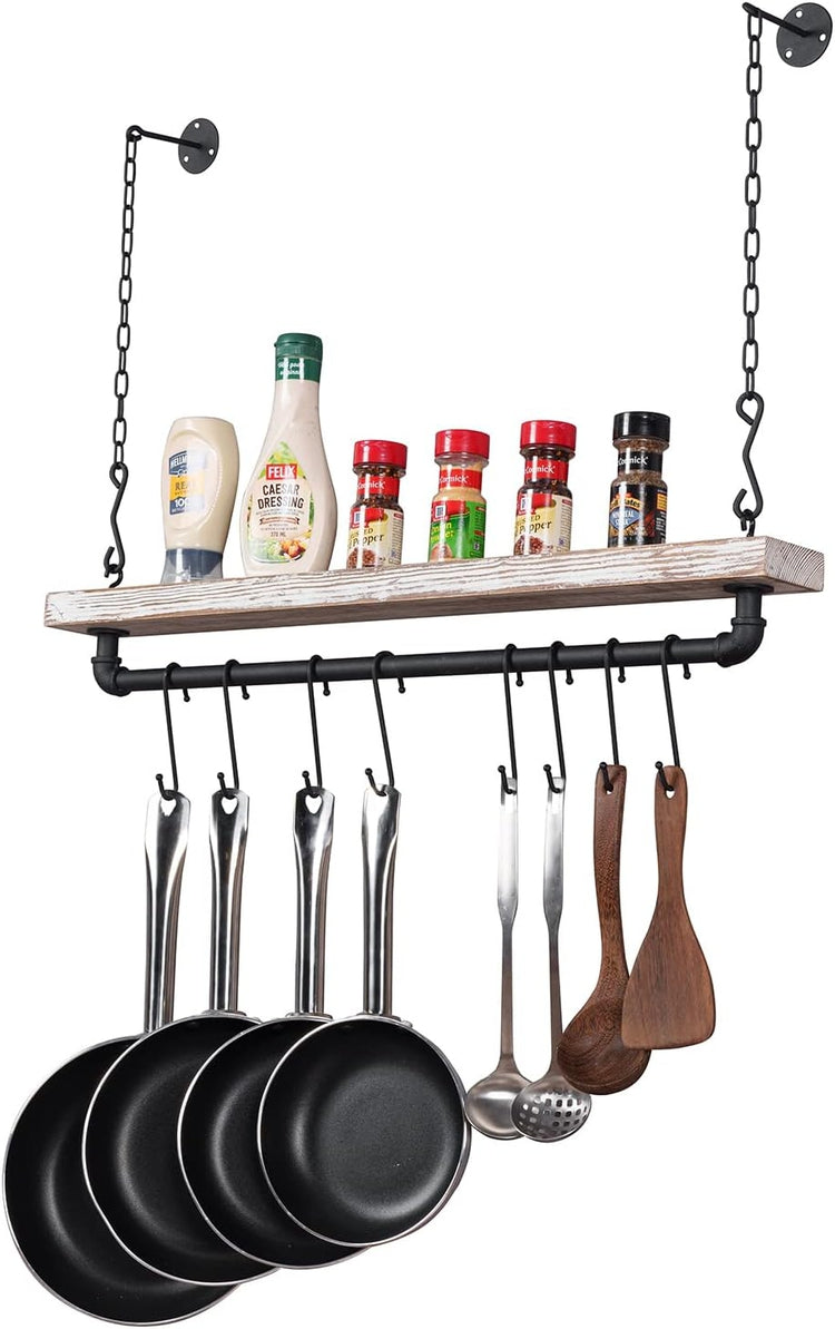 Ceiling Mounted Pot Rack with Industrial Matte Black Metal Pipe and Whitewashed Wood, Hanging Pots and Pan Organizer-MyGift