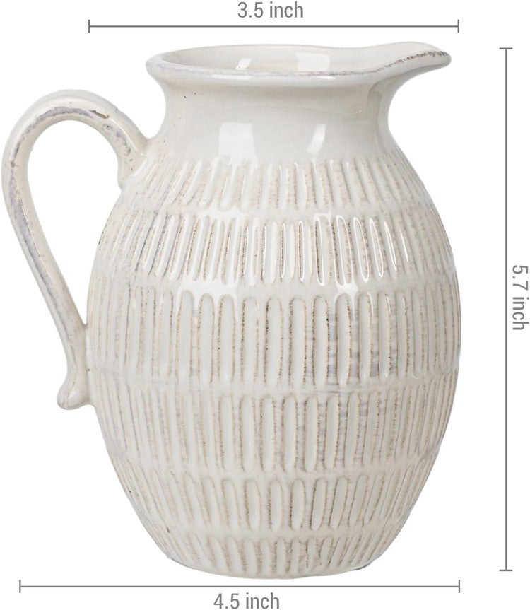 Small Jug Flower Vase, Off-White Vertical Ribbed Ceramic Tabletop Decorative Pitcher, Floral Arrangement Planter Vase-MyGift