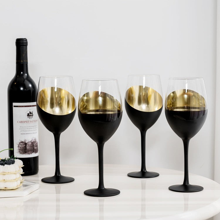 Black and Gold Stemmed Wine Glasses, Metallic Interior Accent Glass Stemware, Set of 6