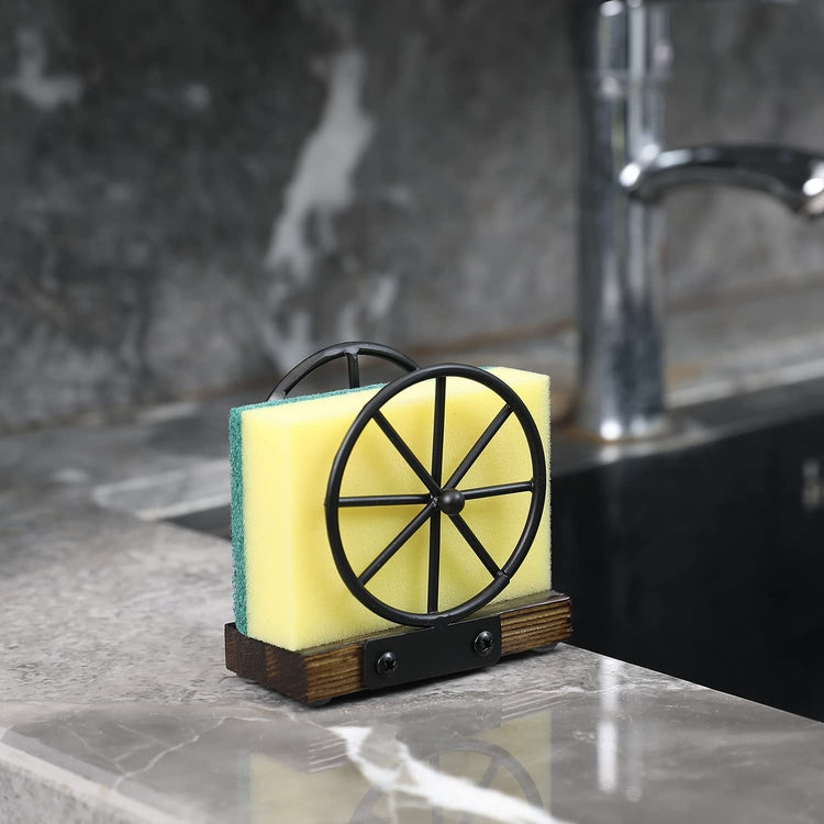 Black Metal Kitchen Sink Sponge Holder with Burnt Wood Base and Decorative Vintage Wheel Design-MyGift