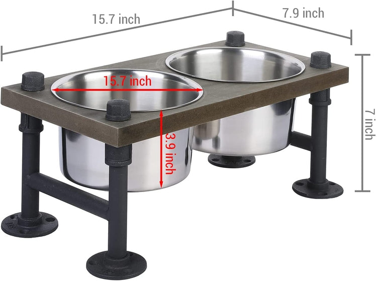 Weathered Gray Wood Raised Dog Bowls for Medium Dogs, Pet Feeder Station with 2 Stainless Steel Bowls-MyGift