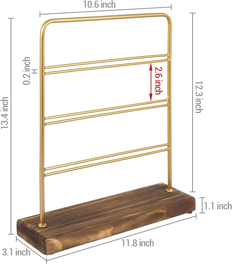 3 Tier Vintage Brass Tone Metal and Burnt Wood Earring Holder, Jewelry Organizer Display Tower-MyGift