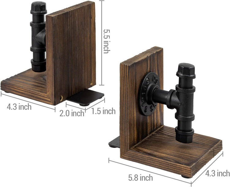 Set of 2, Burnt Wood Decorative Bookends with Industrial Black Metal Pipe Design, L Shaped Bookends-MyGift