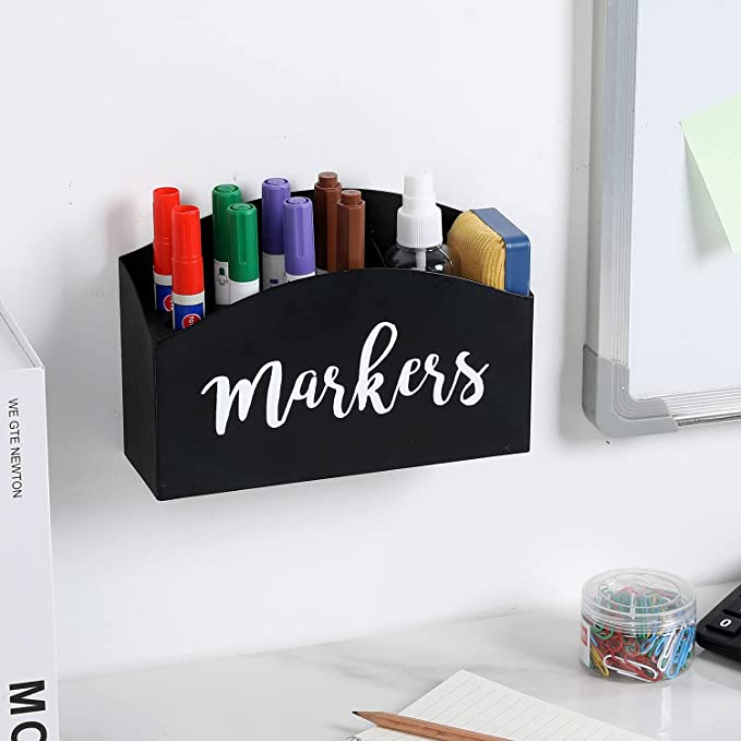 Wall Mounted Black Acrylic Dry Erase Marker Holder with White Cursive MARKERS Design-MyGift