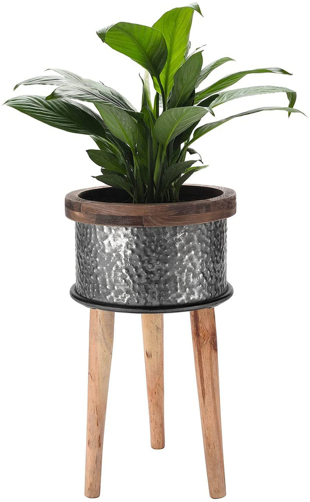 Hammered Galvanized Metal Flower Planter Pot with Weathered Wood Trim and Wooden Legs-MyGift