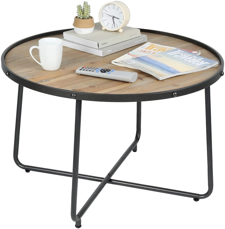 Natural Wood Round Coffee Table with Industrial Style Black Metal Cross-Legs and Riveted Edges Design-MyGift