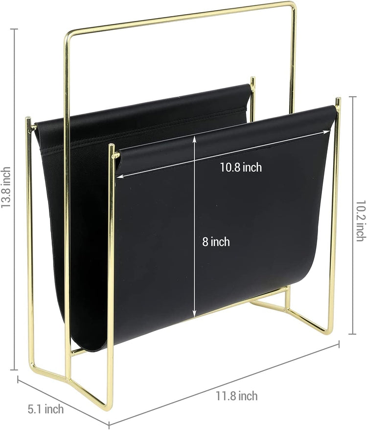 Brass Plated Wire and Black Leatherette Sling Rack, Freestanding Magazine Holder-MyGift