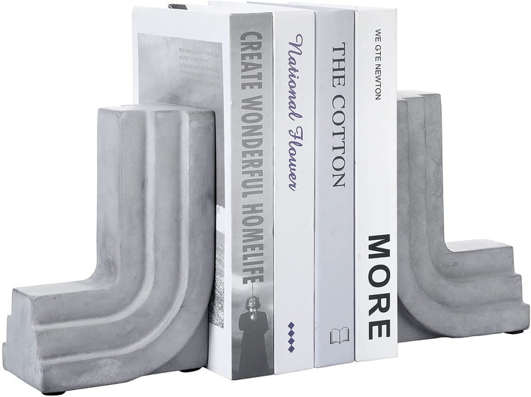 Gray Concrete Layered L-shape Decorative Bookends, Retro Design Office Desk Book Stand, 1-Pair-MyGift