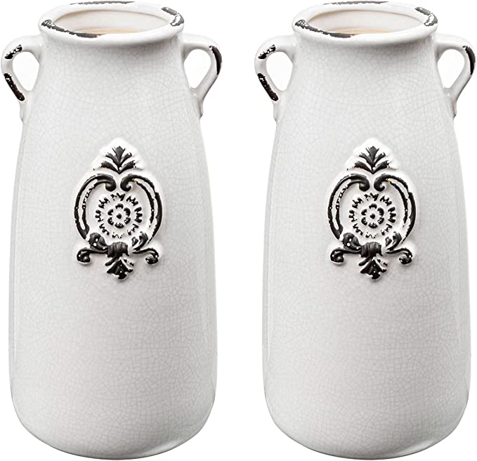 Decorative Flower Vase with Handle and Embossed Seal Design, Tabletop Ceramic Vase, Set of 2-MyGift