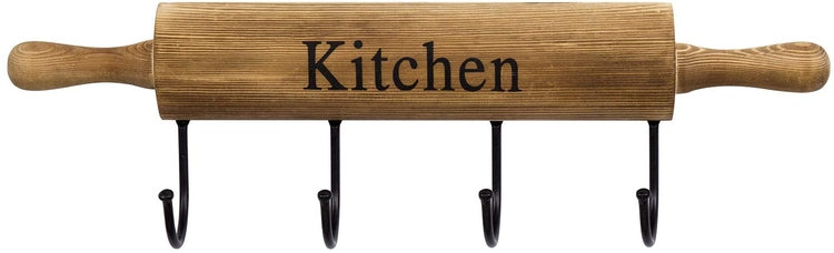 4-Hook Burnt Brown Wood Wall Mounted Rolling Pin Design Kitchen Storage for Cooking Utensils, Mugs and Hand Towels-MyGift