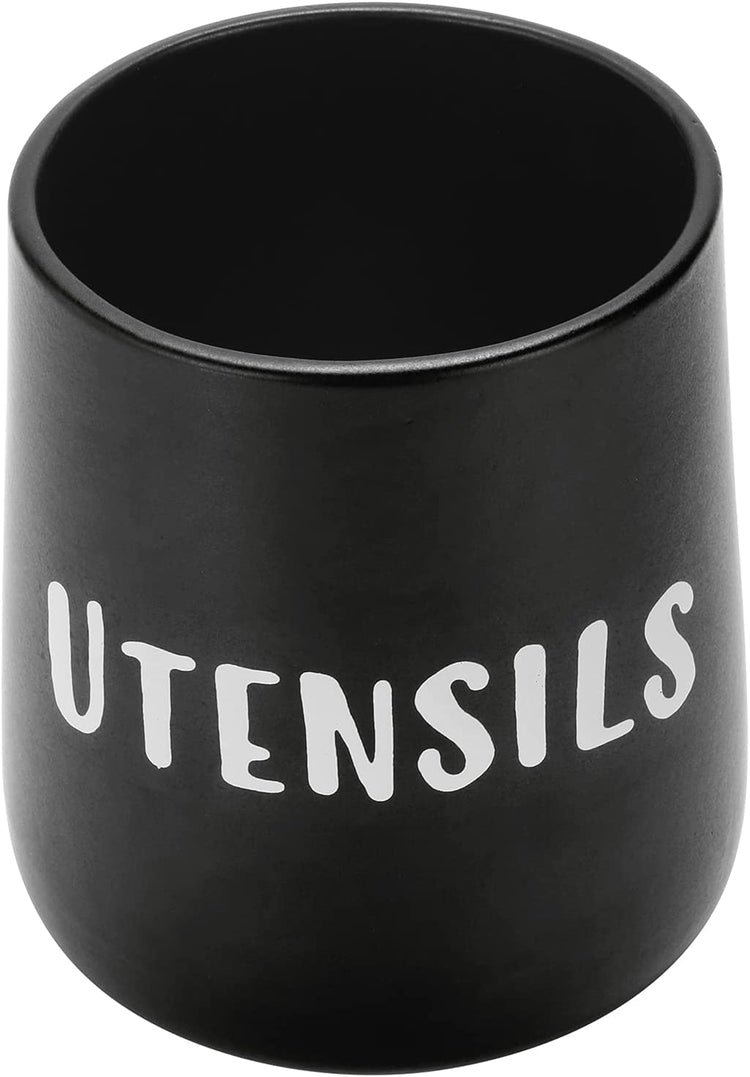 Matte Black Ceramic Kitchen Cooking Utensil Holder, Kitchen Crock with White UTENSILS Stenciled Print-MyGift