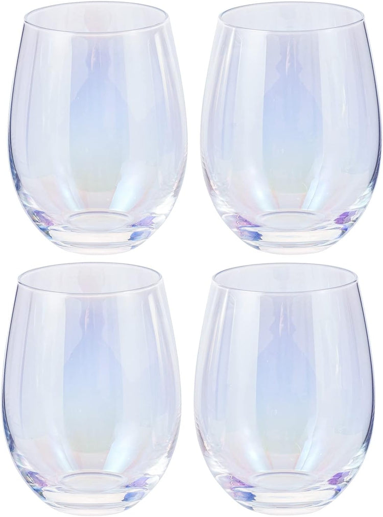 Set of 4, Iridescent Transparent Stemless Wine Glasses, Rainbow Colored Luster Clear Cocktail Drinking Glass Cups-MyGift