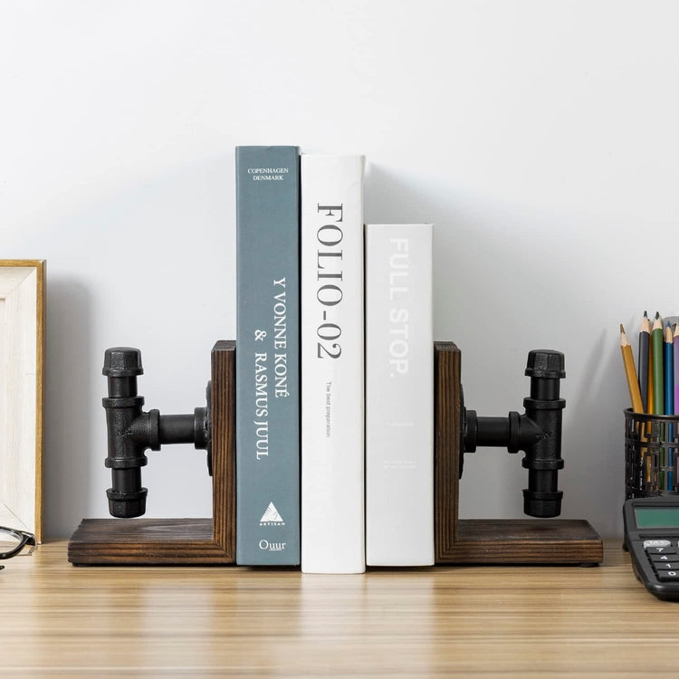 Set of 2, Burnt Wood Decorative Bookends with Industrial Black Metal Pipe Design, L Shaped Bookends-MyGift