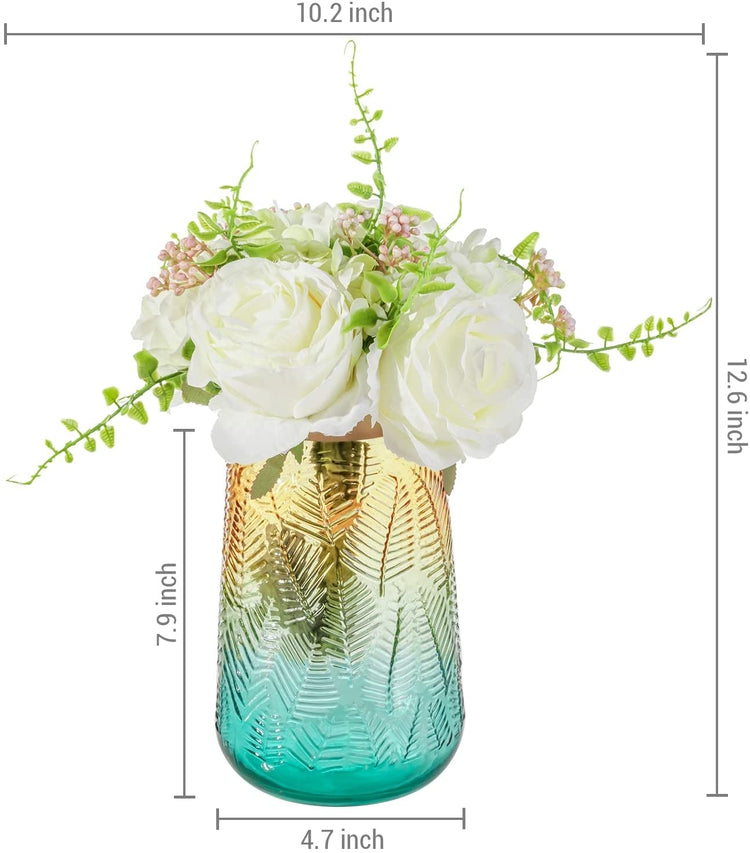White Faux Roses Artificial Flower Bouquet in Aqua Gradient Glass Vase and Gold Trim with Leaf Embossed Design-MyGift