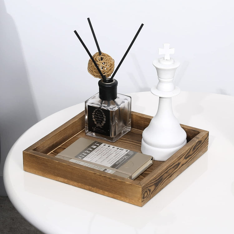 Burnt Wood Square Serving Tray with Handles, 10-Inch Wooden Ottoman, Coffee Table, Centerpiece Tray-MyGift