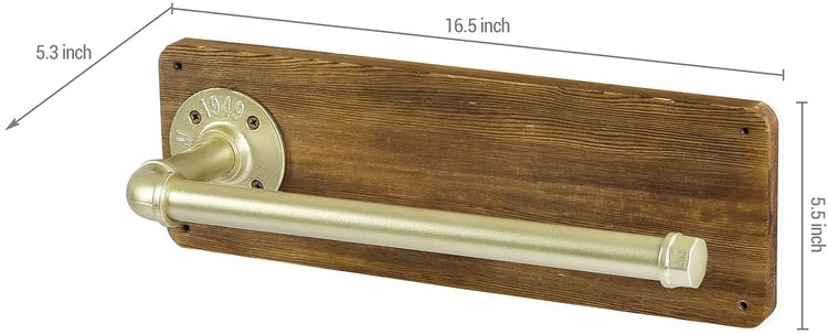 Burnt Wood Kitchen Paper Towel Holder Wall Mount Dispenser with Industrial Brass Pipe Bar-MyGift