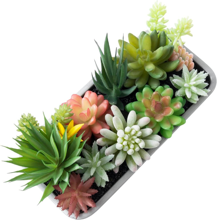 Artificial Assorted Succulents in Rectangular Galvanized Metal Window Box Style Planter, Tabletop Faux Plant Centerpiece-MyGift