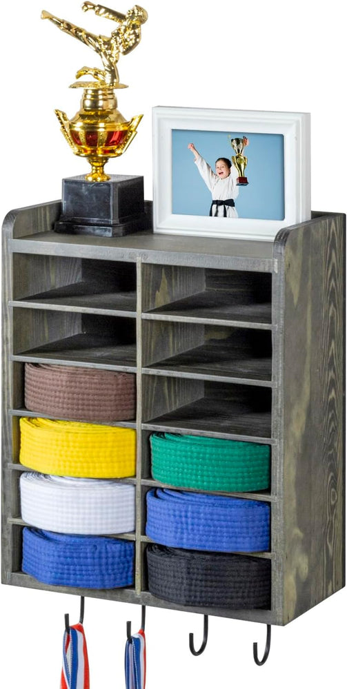Weathered Gray Wood Wall Mounted Martial Arts Belt Holder with Trophy Display Shelf Metal Hanging Hooks for Medals-MyGift