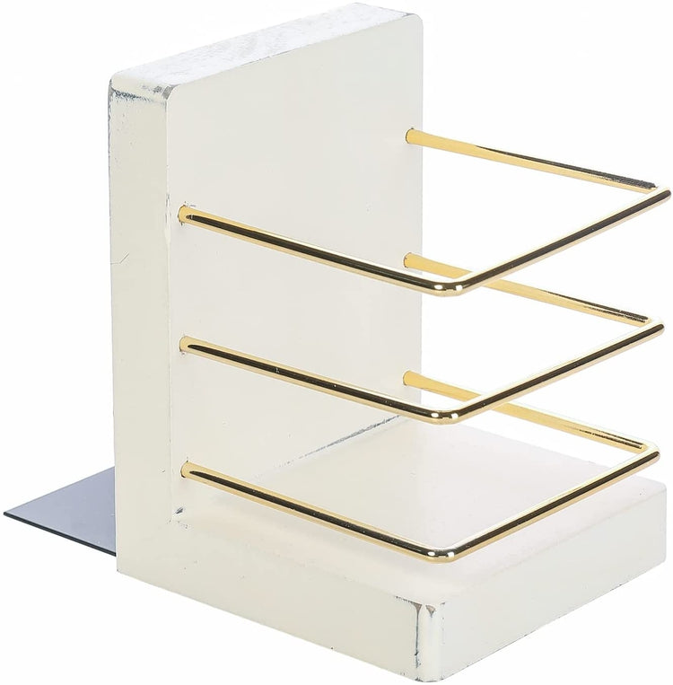 White Wood Decorative Bookends, L-Shaped Book Stands with Gold Tone Metal Wire Pen Holder Stationery Storage Baskets-MyGift