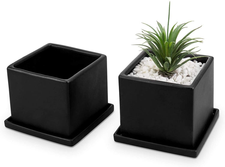 square ceramic planter pots Matte Black Ceramic Square Planters with Removable Saucers, Set of 2