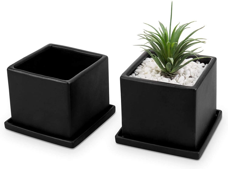 Set of 2, Matte Black Ceramic Square Planters with Removable Saucers-MyGift