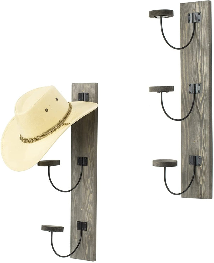 Wall Mounted Hat Rack, Gray Wood and Black Metal Wire Vertical Hat and Coat Storage Hooks, Set of 2